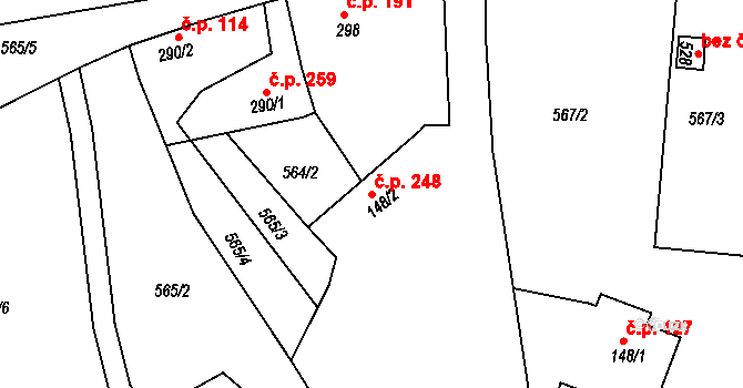 Merklín 248 na parcele st. 148/2 v KÚ Merklín u Přeštic, Katastrální mapa