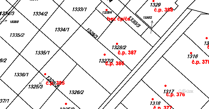 Drnholec 386 na parcele st. 1327/3 v KÚ Drnholec, Katastrální mapa