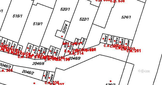 Modřice 198 na parcele st. 523/2 v KÚ Modřice, Katastrální mapa