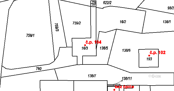 Tvrdkov 104 na parcele st. 16/3 v KÚ Tvrdkov, Katastrální mapa