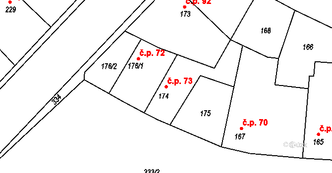 Hradištko 73 na parcele st. 174 v KÚ Hradištko u Sadské, Katastrální mapa
