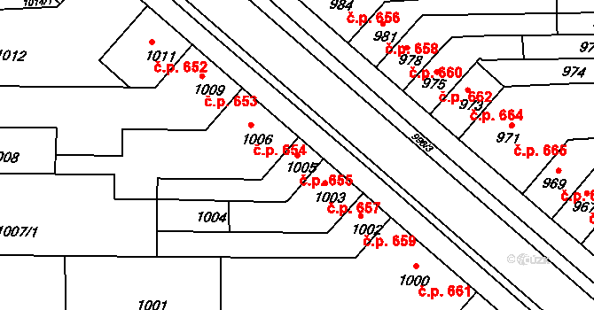 Tuřany 655, Brno na parcele st. 1005 v KÚ Tuřany, Katastrální mapa