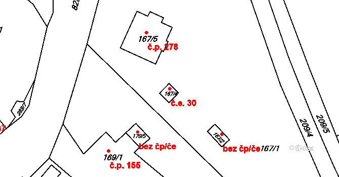 Jehnice 30, Brno na parcele st. 167/4 v KÚ Jehnice, Katastrální mapa