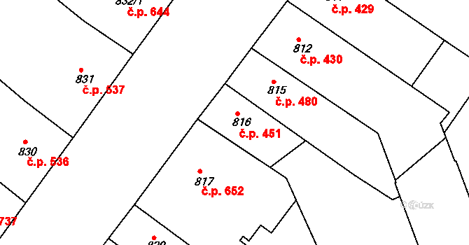 Teplice 451 na parcele st. 816 v KÚ Teplice, Katastrální mapa