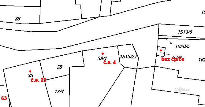 Okrouhlé Hradiště 4, Konstantinovy Lázně na parcele st. 36/1 v KÚ Okrouhlé Hradiště, Katastrální mapa