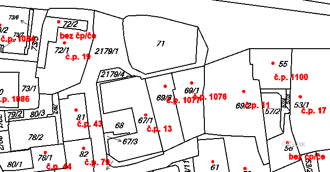 Střešovice 1077, Praha na parcele st. 69/3 v KÚ Střešovice, Katastrální mapa