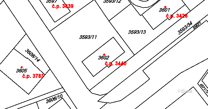 Chomutov 3440 na parcele st. 3602 v KÚ Chomutov I, Katastrální mapa