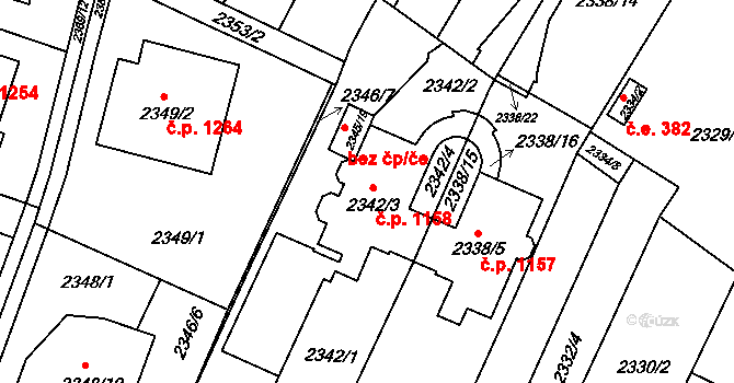 Komín 1158, Brno na parcele st. 2342/3 v KÚ Komín, Katastrální mapa