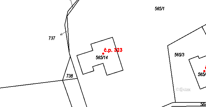 Malín 323, Kutná Hora na parcele st. 565/14 v KÚ Malín, Katastrální mapa
