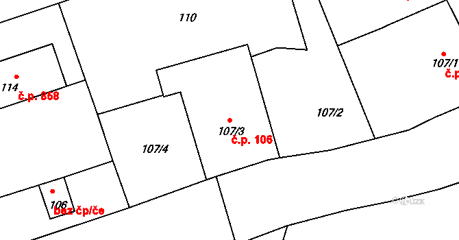 Bystřice nad Pernštejnem 106 na parcele st. 107/3 v KÚ Bystřice nad Pernštejnem, Katastrální mapa