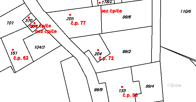 Pecerady 72, Týnec nad Sázavou na parcele st. 204 v KÚ Pecerady, Katastrální mapa