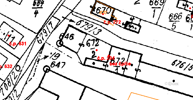 Město Touškov 204 na parcele st. 672/2 v KÚ Město Touškov, Katastrální mapa