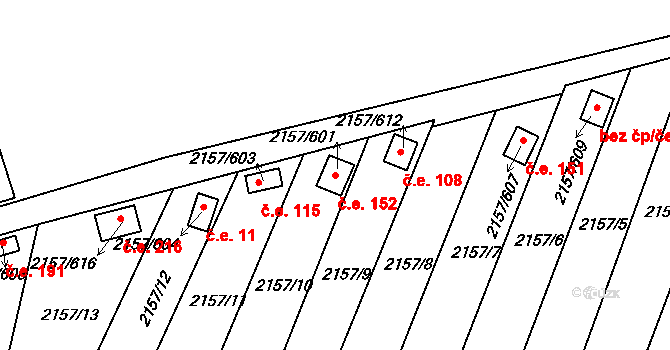 Lužice 152 na parcele st. 2157/601 v KÚ Lužice u Hodonína, Katastrální mapa