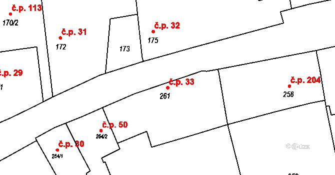 Těškovice 33 na parcele st. 261 v KÚ Těškovice, Katastrální mapa