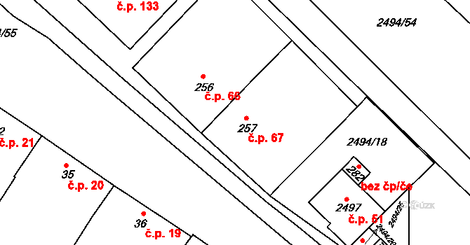 Mouřínov 67 na parcele st. 257 v KÚ Mouřínov, Katastrální mapa