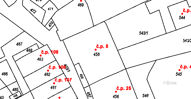 Podomí 5 na parcele st. 458 v KÚ Podomí, Katastrální mapa