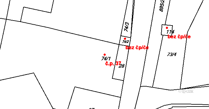 Bor u Chroustovic 37, Rosice na parcele st. 74/1 v KÚ Bor u Chroustovic, Katastrální mapa
