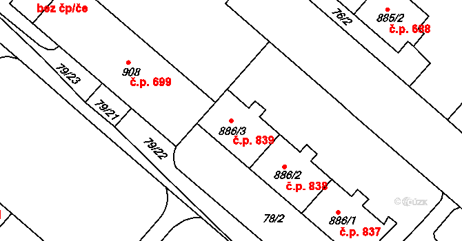 Neratovice 839 na parcele st. 886/3 v KÚ Neratovice, Katastrální mapa