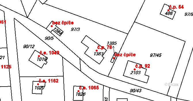Rajchardov 78, Hradištko na parcele st. 1383 v KÚ Hradištko pod Medníkem, Katastrální mapa