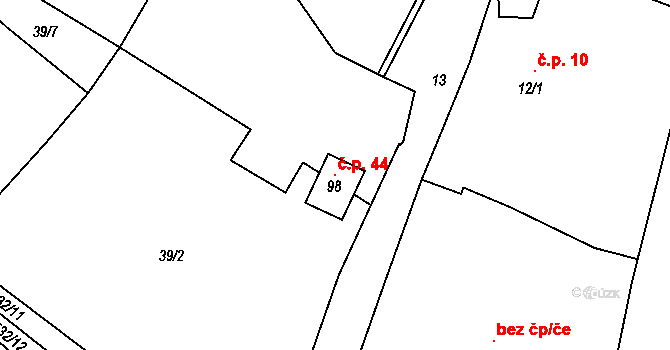Záhoří 44 na parcele st. 98 v KÚ Záhoří, Katastrální mapa
