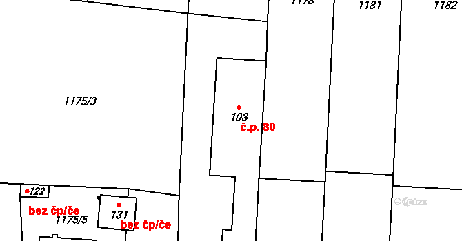 Velké Těšany 80, Bařice-Velké Těšany na parcele st. 103 v KÚ Velké Těšany, Katastrální mapa