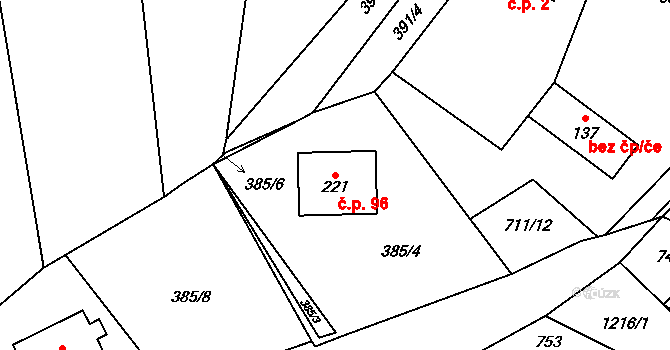 Brusné 96 na parcele st. 221 v KÚ Brusné, Katastrální mapa