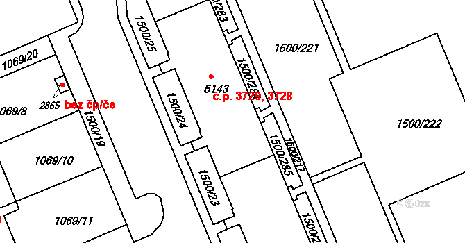 Kroměříž 3728,3729 na parcele st. 5143 v KÚ Kroměříž, Katastrální mapa