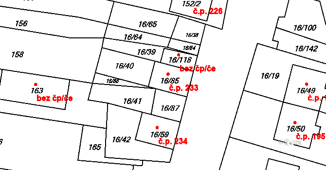 Vrbovec 233 na parcele st. 16/85 v KÚ Vrbovec, Katastrální mapa