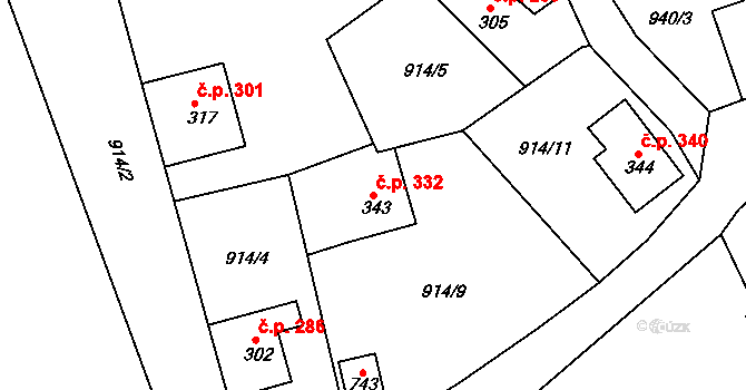 Hazlov 332 na parcele st. 343 v KÚ Hazlov, Katastrální mapa