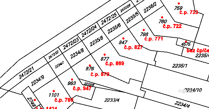Kyjov 869 na parcele st. 877 v KÚ Kyjov, Katastrální mapa
