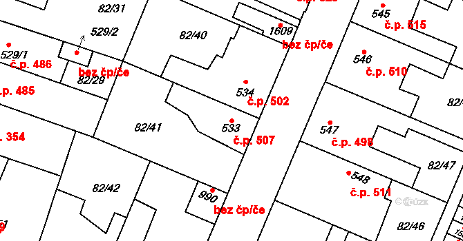 Rozdělov 507, Kladno na parcele st. 533 v KÚ Rozdělov, Katastrální mapa