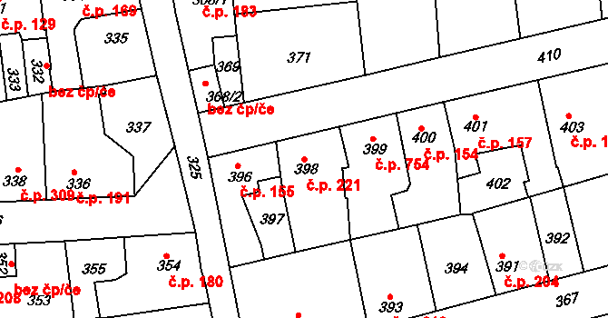 Švermov 221, Kladno na parcele st. 398 v KÚ Motyčín, Katastrální mapa