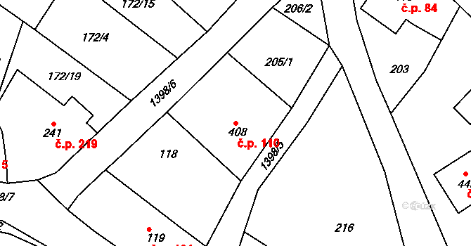 Stará Paka 110 na parcele st. 408 v KÚ Stará Paka, Katastrální mapa