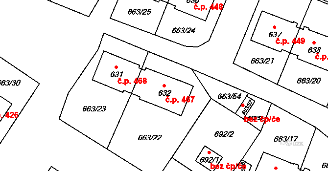 Milovice 467 na parcele st. 632 v KÚ Milovice nad Labem, Katastrální mapa