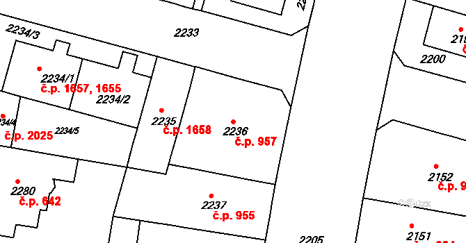 Černá Pole 957, Brno na parcele st. 2236 v KÚ Černá Pole, Katastrální mapa