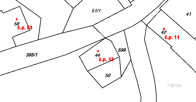 Minice 13, Velemyšleves na parcele st. 44 v KÚ Minice, Katastrální mapa