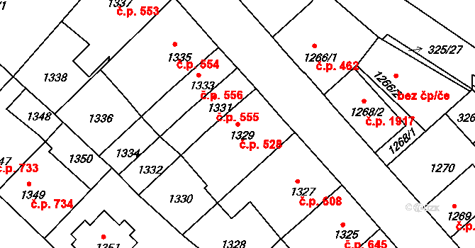 Pelhřimov 528 na parcele st. 1329 v KÚ Pelhřimov, Katastrální mapa