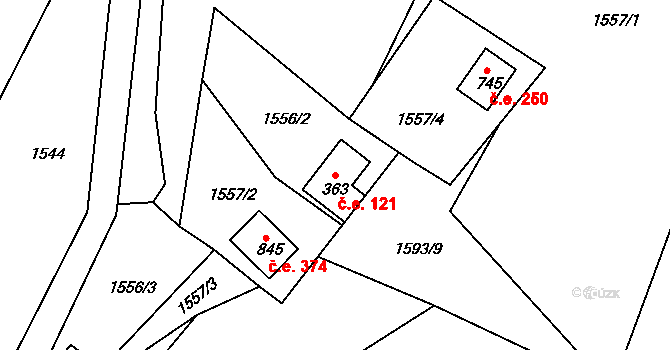 Komorní Lhotka 121 na parcele st. 363 v KÚ Komorní Lhotka, Katastrální mapa