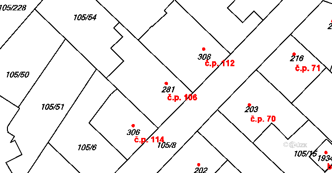 Čejetice 106, Mladá Boleslav na parcele st. 281 v KÚ Čejetice u Mladé Boleslavi, Katastrální mapa