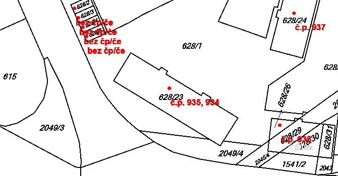 Košíře 934,935, Praha na parcele st. 628/23 v KÚ Košíře, Katastrální mapa