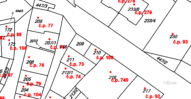 Moravany 109 na parcele st. 210 v KÚ Moravany u Brna, Katastrální mapa