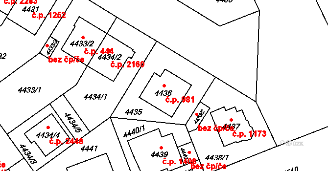 Východní Předměstí 981, Plzeň na parcele st. 4436 v KÚ Plzeň, Katastrální mapa