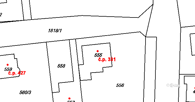 Černice 331, Plzeň na parcele st. 555 v KÚ Bručná, Katastrální mapa