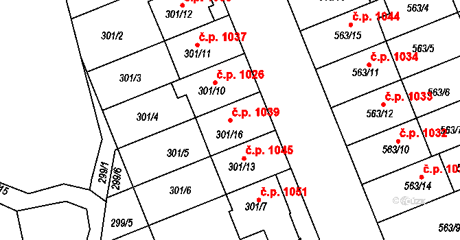 Nivnice 1039 na parcele st. 301/16 v KÚ Nivnice, Katastrální mapa