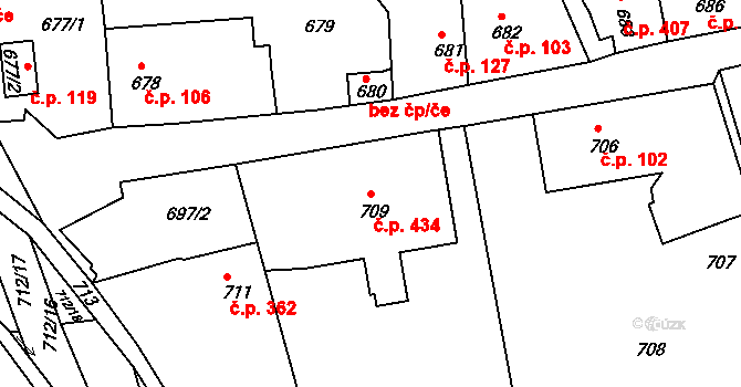 Týnec nad Labem 434 na parcele st. 709 v KÚ Týnec nad Labem, Katastrální mapa