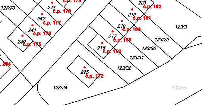 Drahelčice 158 na parcele st. 216 v KÚ Drahelčice, Katastrální mapa