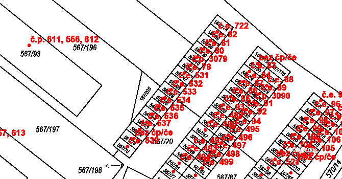 Vyškov-Předměstí 532, Vyškov na parcele st. 567/69 v KÚ Vyškov, Katastrální mapa