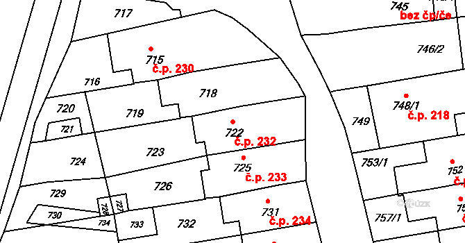 Milešovice 232 na parcele st. 722 v KÚ Milešovice, Katastrální mapa