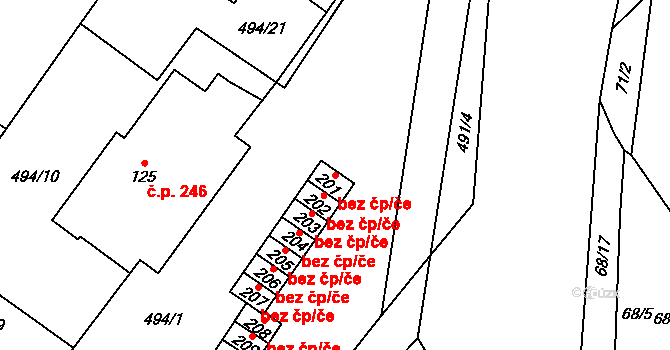 Dobronín 50473786 na parcele st. 201 v KÚ Střelecká, Katastrální mapa