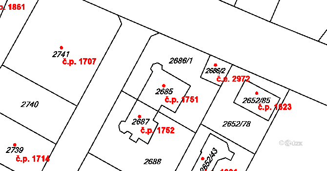 Most 1751 na parcele st. 2685 v KÚ Most II, Katastrální mapa